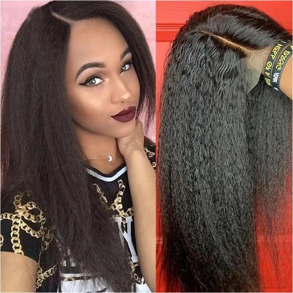 Black Yaki Kinky Straight Wig para mulheres, Natural Soft Lace Front, cabelo do bebê, pré-arrancado, resistente ao calor, 180 Densidade, 26"