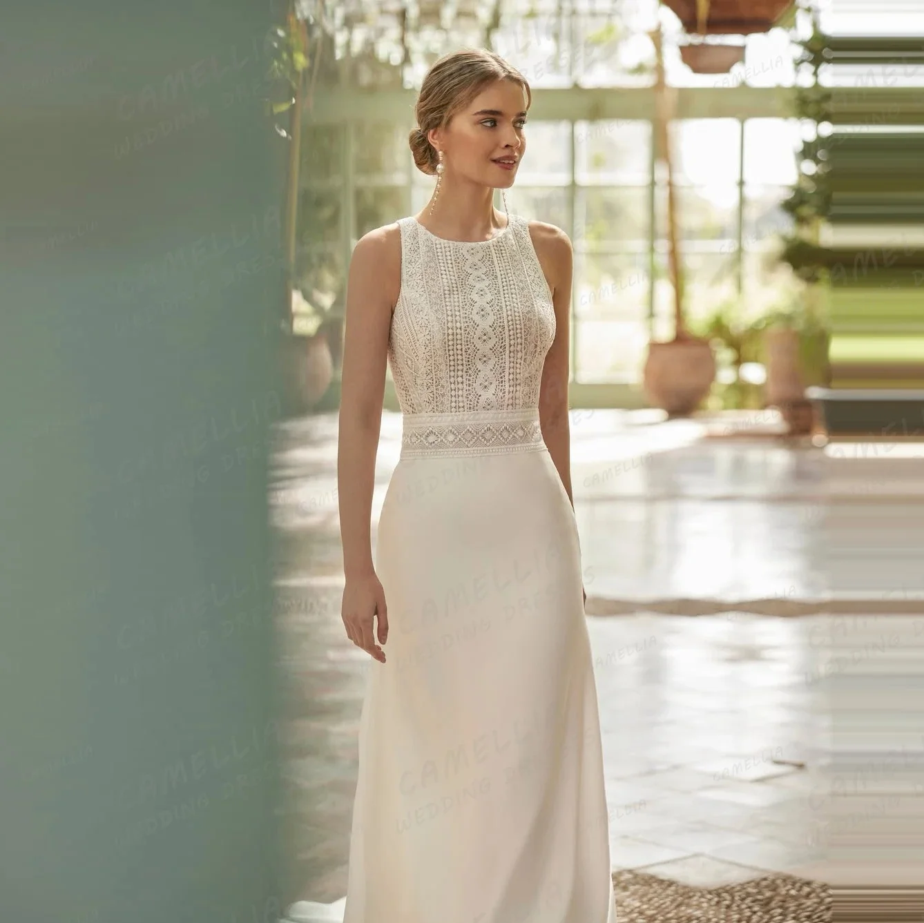 

Elegant Boho Church Wedding Dress, Sexy Mermaid Applique Lace, Sleeveless Backless Satin Evening Gown, Customizable.