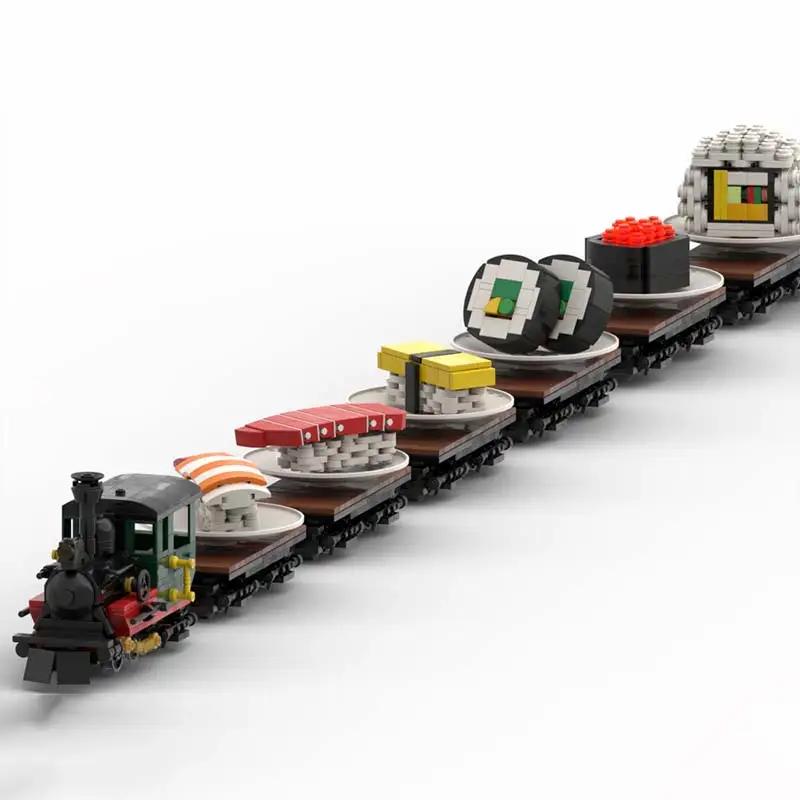 MOC Working Conveyor Belt Sushi Food Train Model Set DIY Building Blocks Technical Japanese Restaurant Bricks Toys Gifts