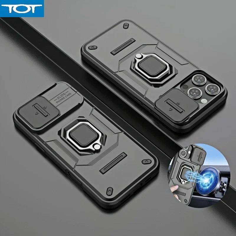 

Luxury Shockproof Armor Car Magnetic Holder Phone Case For iPhone 16 15 14 13 Pro Max Plus Slide Camera Lens Protect Back Cover