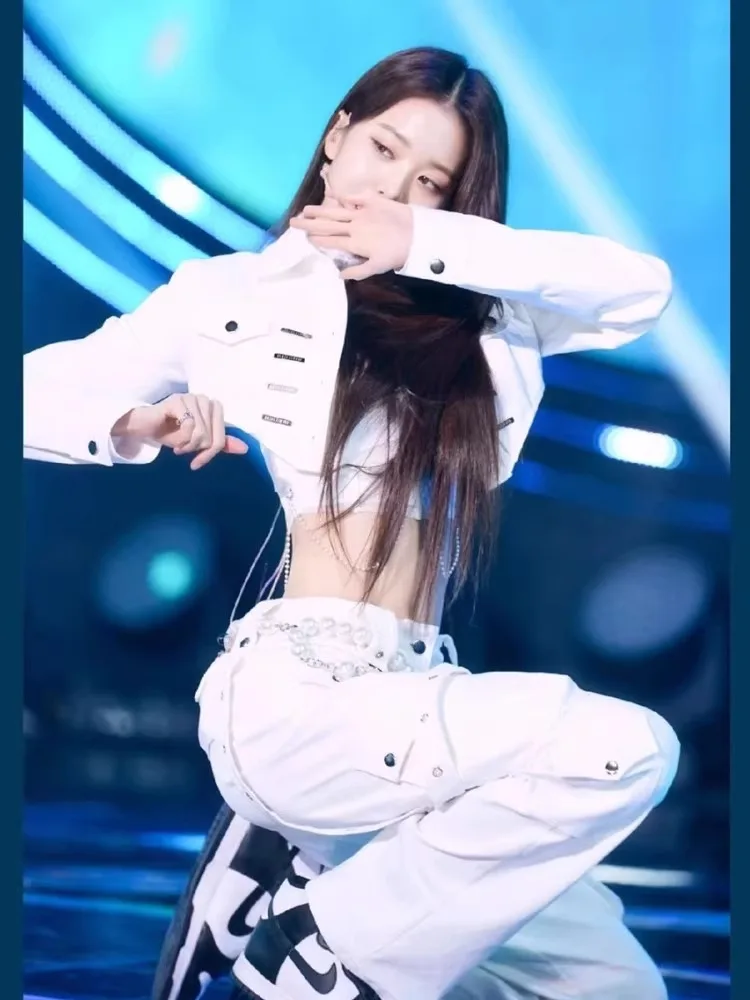 Kpop somi outfit idol jazz tanz weiß gogo tänzer bühnen kostüm hipHop design frauen street wear dance rave festival kleidung