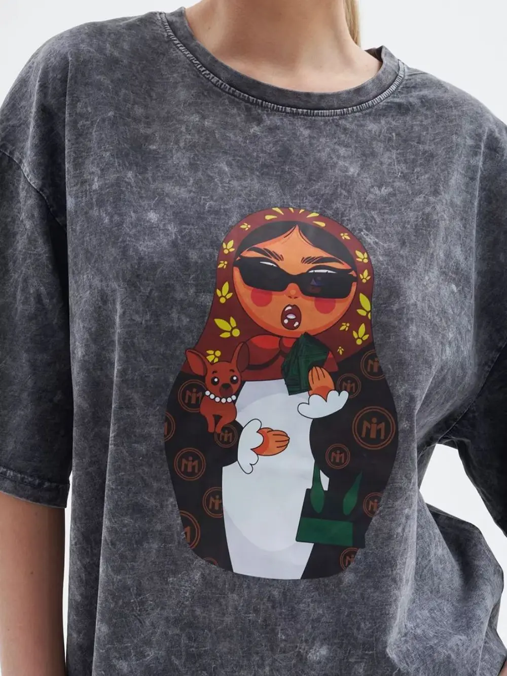 Women\'s Washed T-shirts O-Neck Oversized Soft Cotton Short Sleeve Tee Russian Nesting Doll Prints Tops Vintage Female Clothes