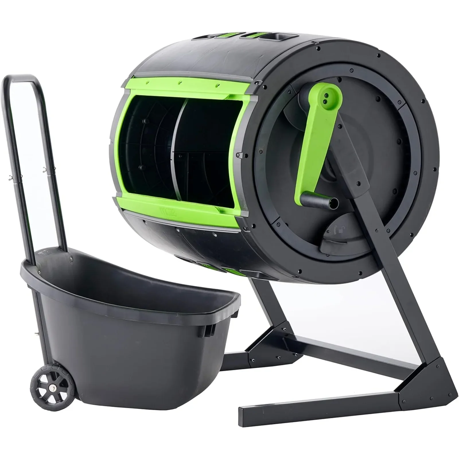 Gallon Dual Chamber Compost Tumbler with Large Double Door and Open Base and Comes with Maze Compost Cart