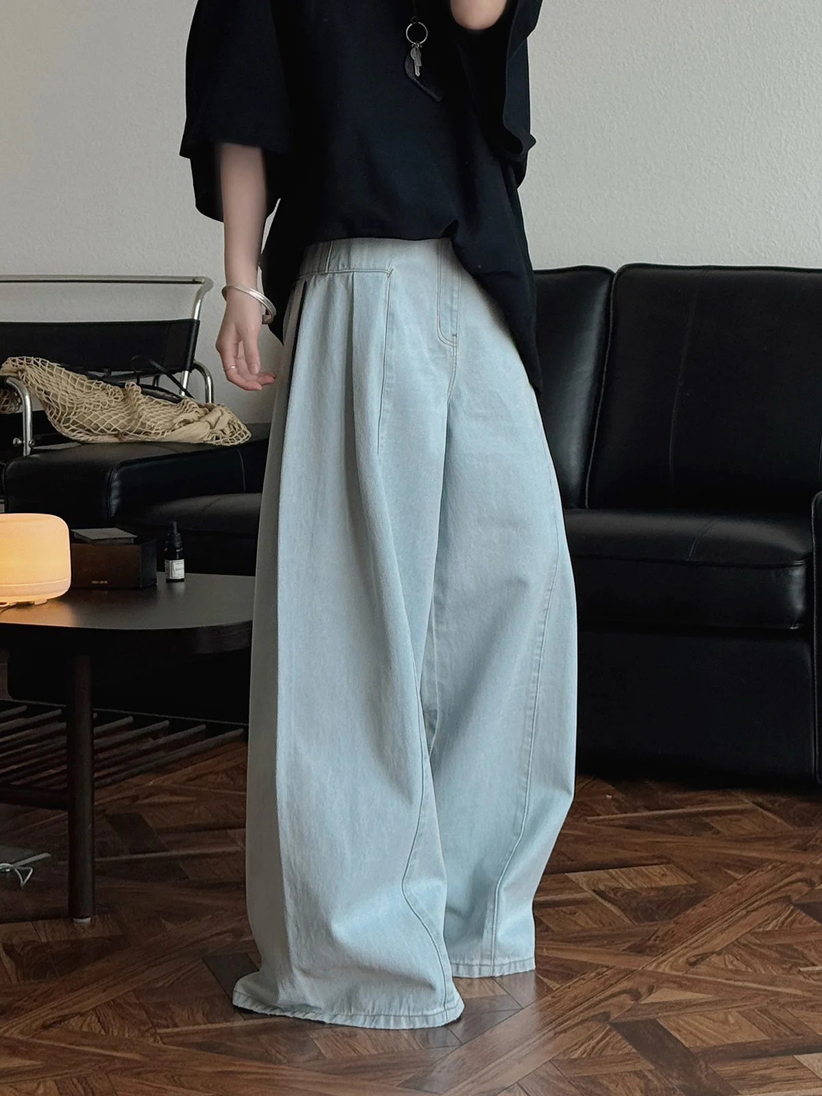 春と秋のレディースカジュアルソリッドカラーハイウエストルーズワイドレッグジーンズ