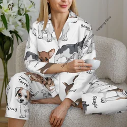 Women Sleepwear Dogs French Bulldog Beagle Jack Russell Terrier Chihuahua Pug Long Sleeve Neck Shirt Waist Pants Pajamas Set