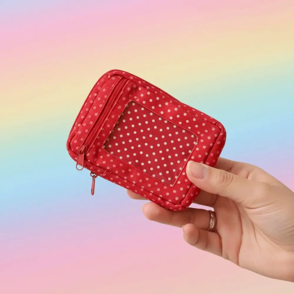 Red Polka Dot Coin Purse Retro Style Zippered Clear Window Pouch Washable Lightweight Photo Display Bag Quick Shopping