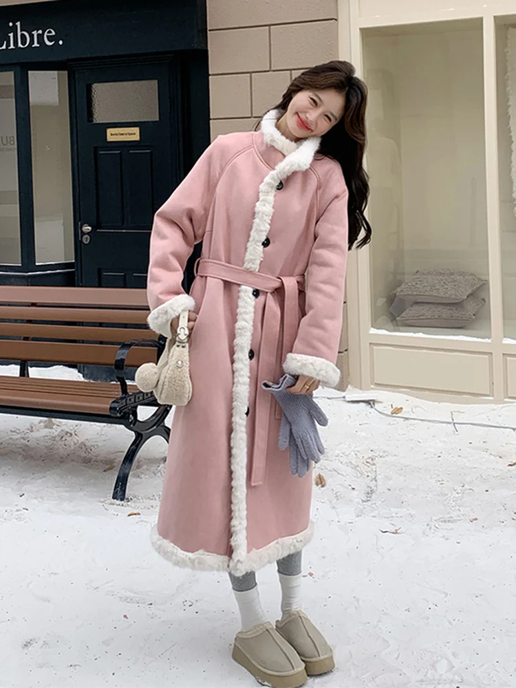 Rosa Doppelseitiger Lammfell-Mantel für Damen, Langer Herbst-Winter-Mantel, Neues Design, Warme Dicke Leder-Pelzjacke