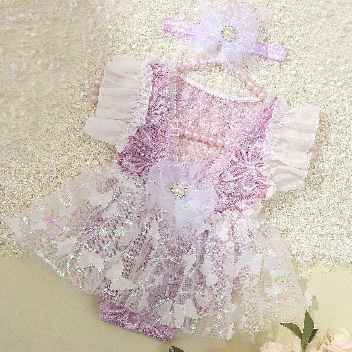 Ylsteed Newborn Photo Outfit Set Lace Tulle Romper with Glitter Bow Matching Headband Soft Fairy Tale Photography Costume