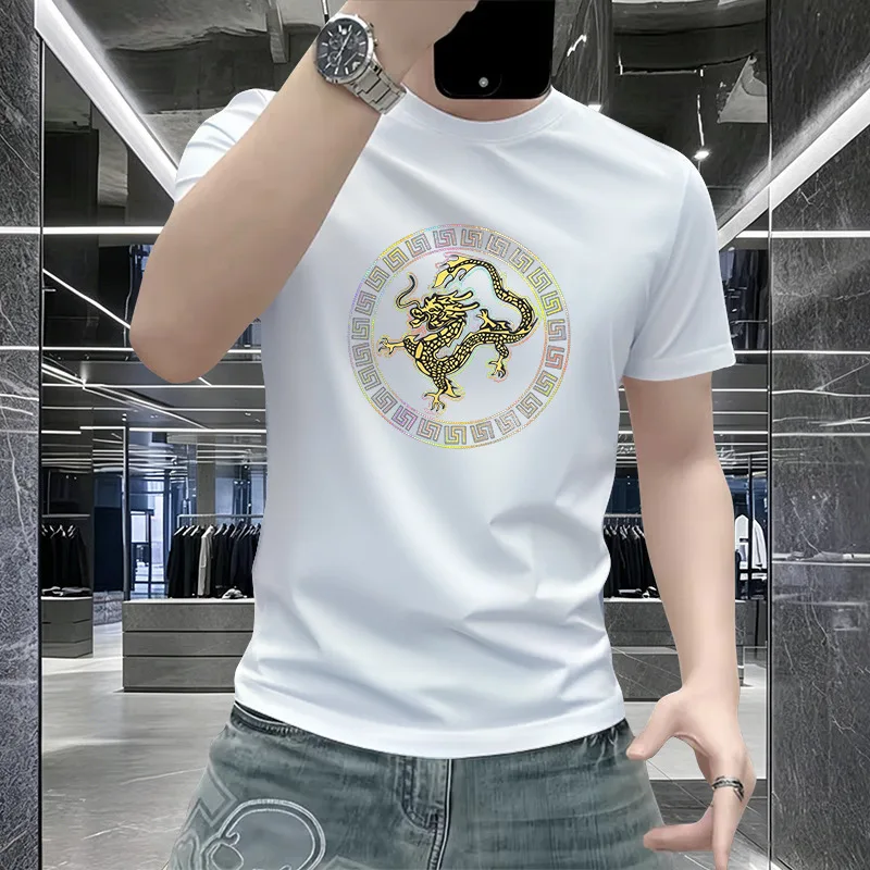 Fashion Men Casual T-Shirt With Minimal Rhinestone Letter Print Round Neck Male Tees All Match Short Sleeve Tops Man Clothing