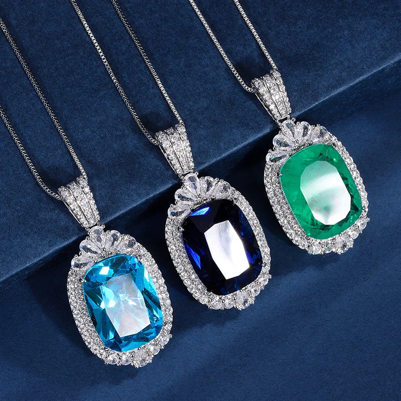 

Jewelry Gold Plated Imitation Grandmother Green Blue Treasure Fat Rectangular 15*20 Luxurious Style Pendant Necklace