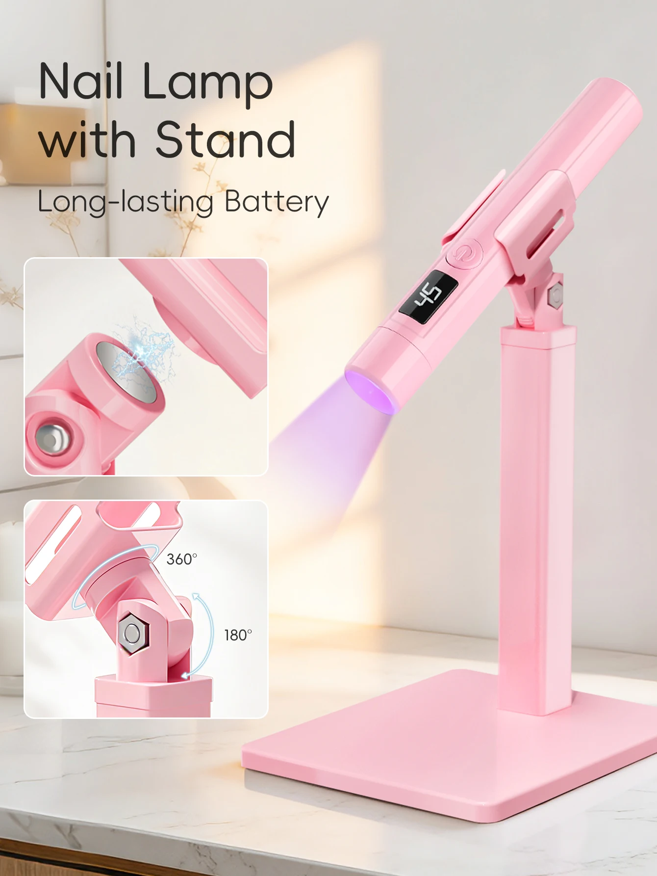Lampe de manucure rose à main avec support d'affichage d'écran, support multifonctionnel rotatif à 360 degrés, bâton chauffant pour pointe d'ongle, 1 pièce