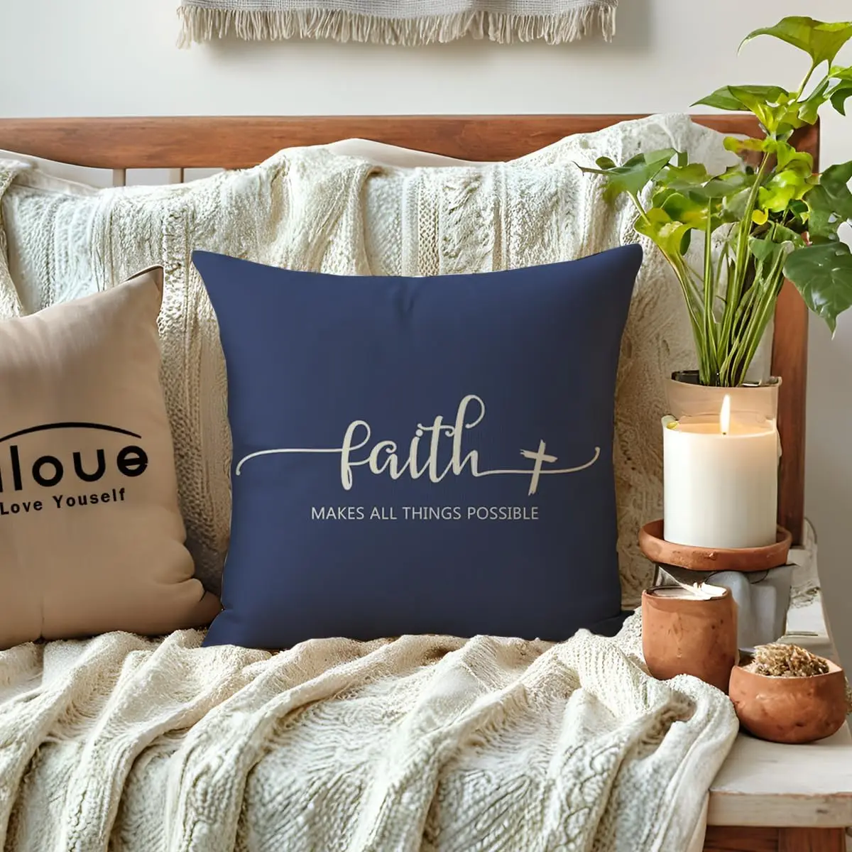 Decorative Pillow Covers Set 4 Pack Inspirational Quote Throw Cushions for Home Faith Hope Love Family Typography Nursery Polyes