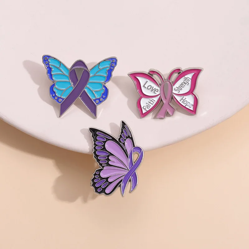 Butterfly Ribbon Enamel Pins Custom Love Faith Strength Hope Brooches Lapel Badges Against Violence Jewelry Gift for Friends