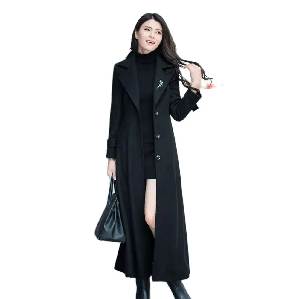 

Fashion Woolen Coat Women's New Woolen Coat In Winter Slim Hepburn Style Super-long Over-the-knee Temperament Coat Women's Tide.