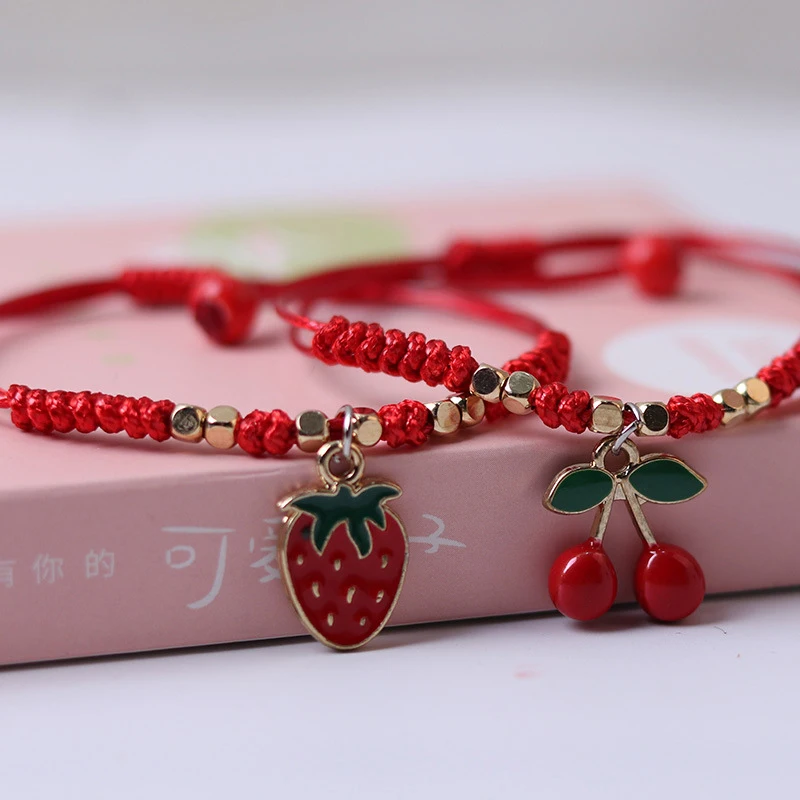 Strawberry Cherry Pendant Lucky Red Rope Braided Bracelet New Year Christmas Birthday Party Gift Fruit Accessory Bracelet