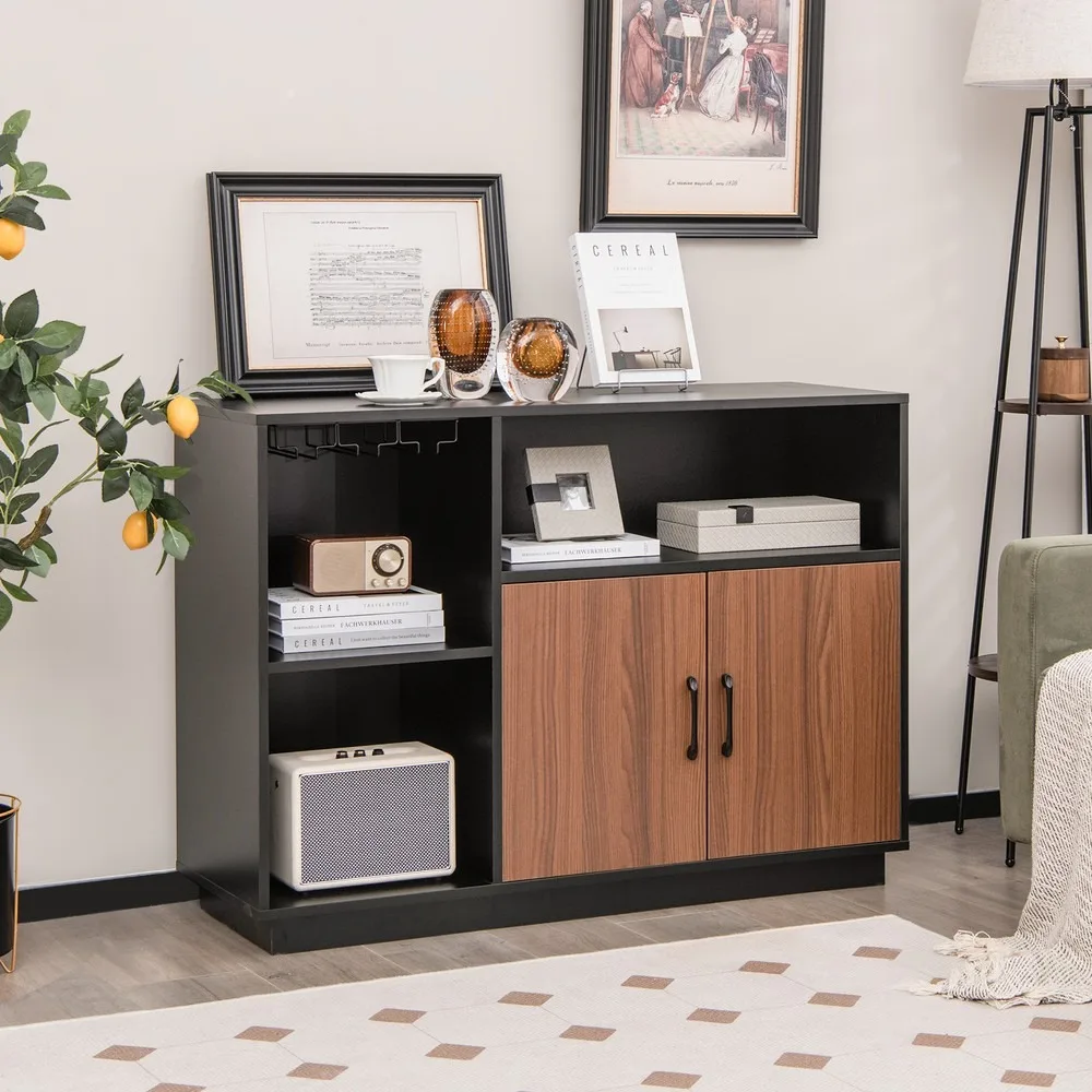 

Industrial Wine Bar Cabinet Sideboard Buffet w/ Glass Holder & Adjustable Shelf