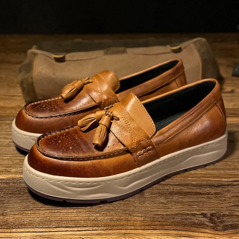 

High End Genuine Leather Tassel Loafers Men's Sport Shoes Fashion Casual Thick Sole Work Sneakers Male Genuine Leather Oxfords