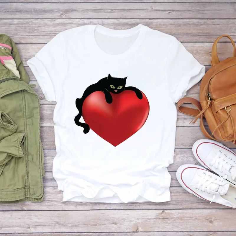 T-shirt à manches courtes pour femmes, vêtement de voyage, imprimé chat, amour, battement de cœur, patte d\'animaux, années 90