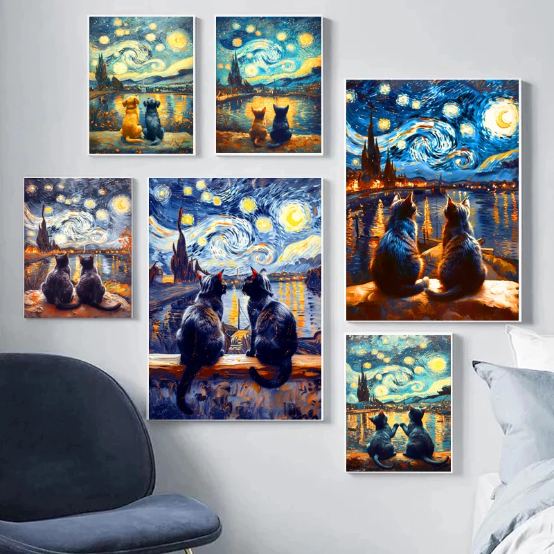 Vintage Landscape Oil Painting Two Cats Dogs Under The Van Gogh Starry Sky Poster Canvas Prints Art Home Room Wall Decoration