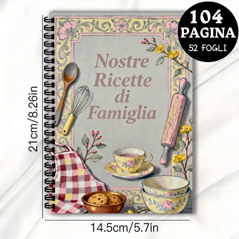 Italian recipe book,104 Page Blank Kitchen Notebook with Spiral Binding, Perfect Gift for Family Chefs, Hand-Drawn Retro Scenes