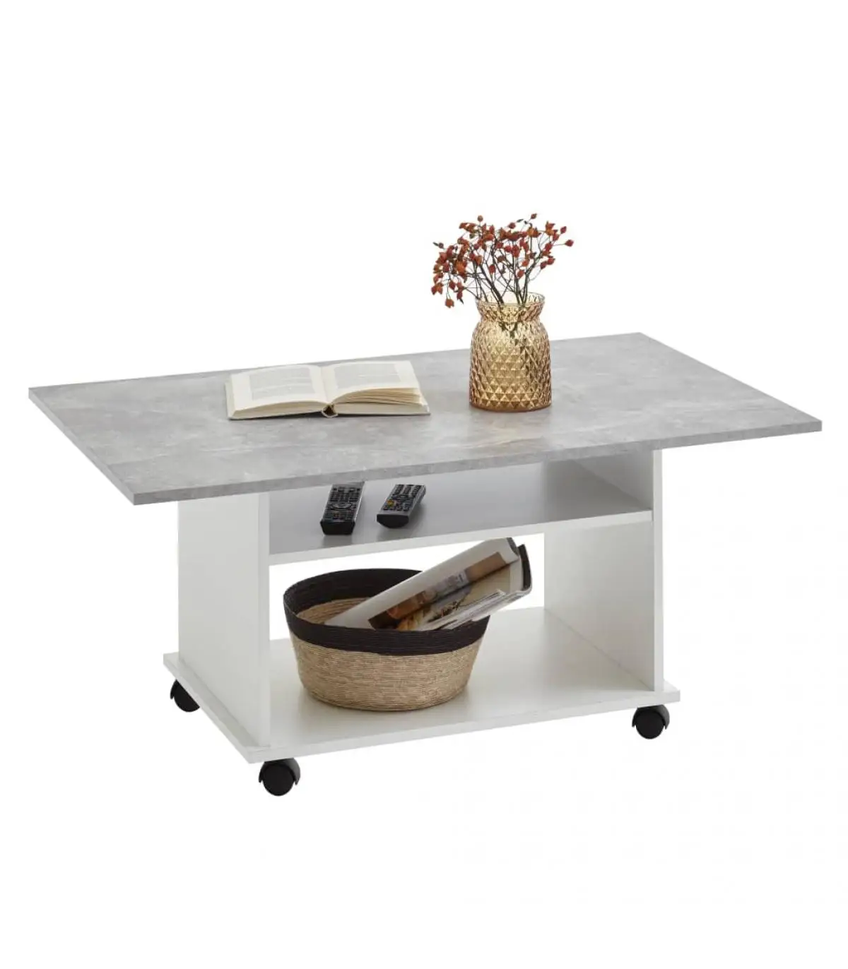 Coffee tables FMD coffee table with wheels gray concrete and white