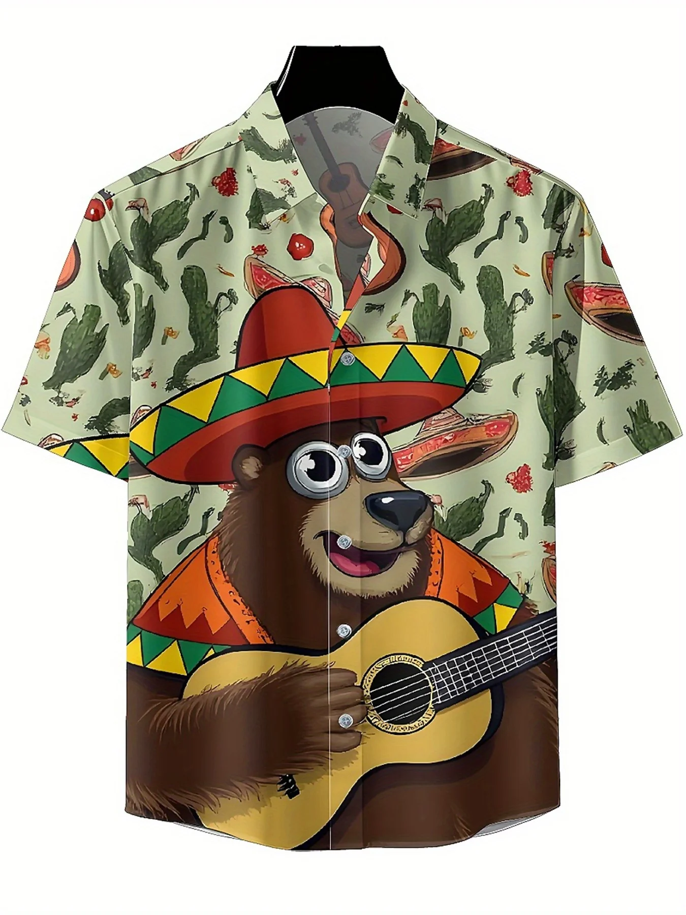 Men's Plus Size Hawaiian Shirts Bear Playing Guitar Pattern,New Summer Fashion Tops,Hip Hop Streetwear