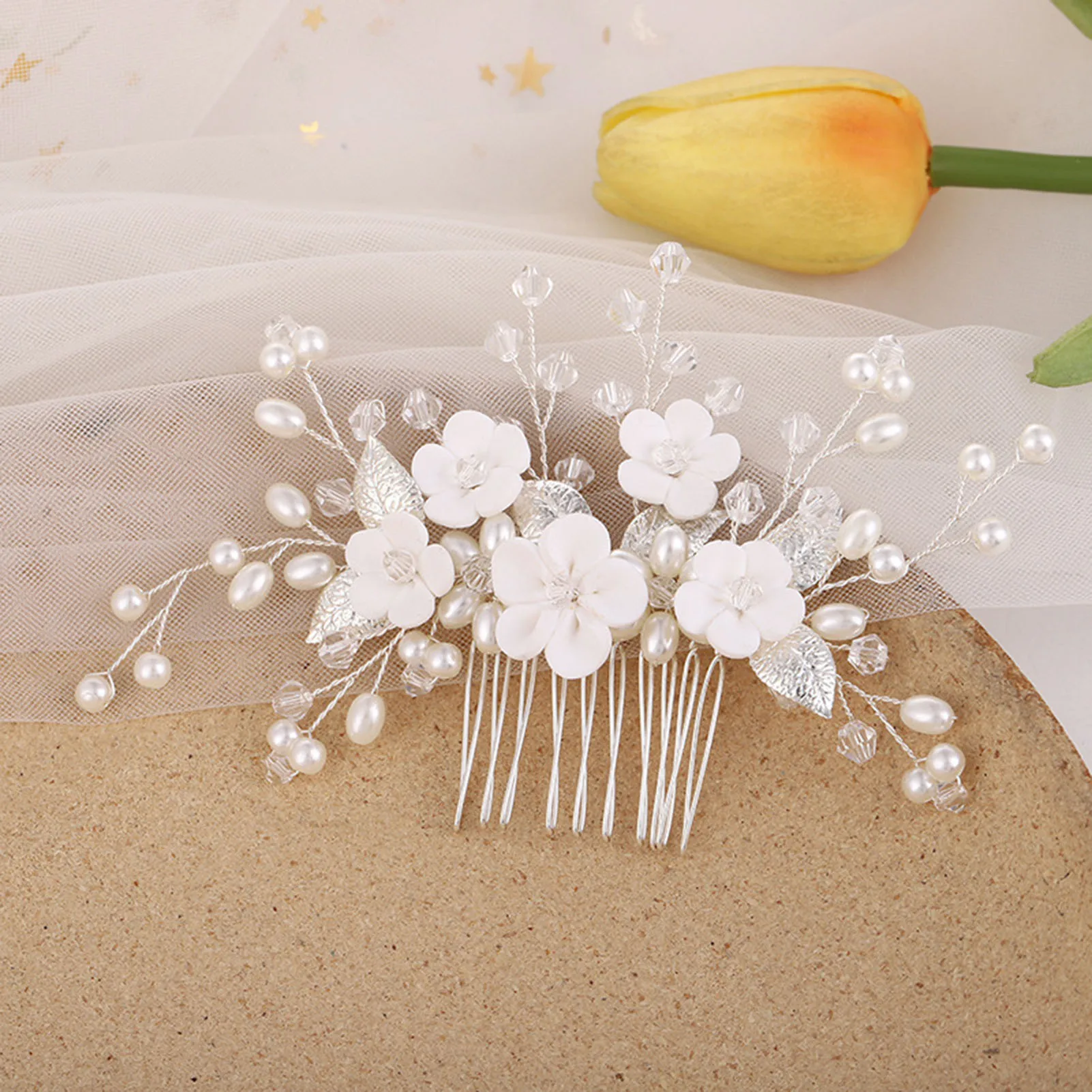 Ancient Style Bride Flower Side Hair Comb Luxurious Alloy Hair Accessories with White Flower for Birthday Stage Party Hairstyle