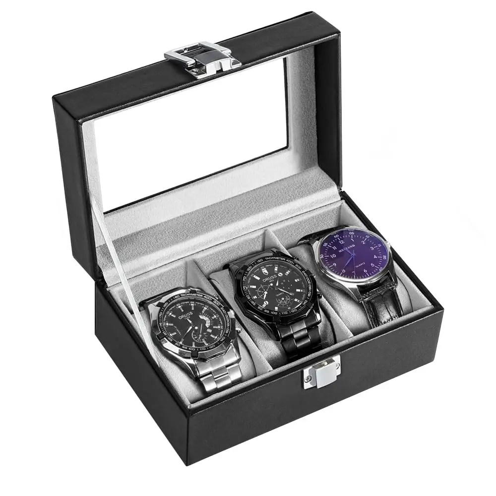 3 Slot Watch Box Watch Display Organizer for Men Watch Storage Box with Removable Watch Pillows Watch Cases with Real Glass Lid