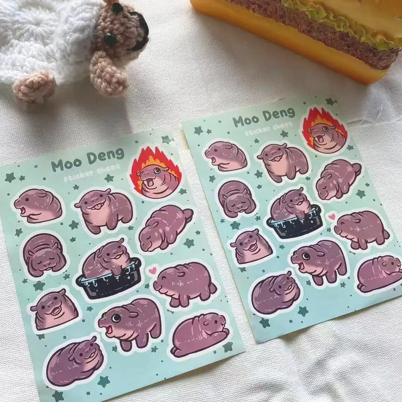 

2pcs cute Hippo Stickers Cartoon Moo Deng Hippopotamus Stickers Waterproof Decal for Laptop Guitar Skateboard Stickers