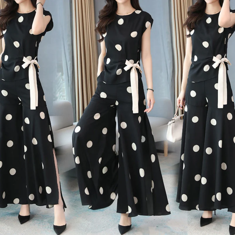 Elegant Fashion Polka Dot Print Pant Sets Summer 2023 O-Neck Short Sleeve Blouse Elastic Waist Wide Leg Pants Loose Women\'s Sets