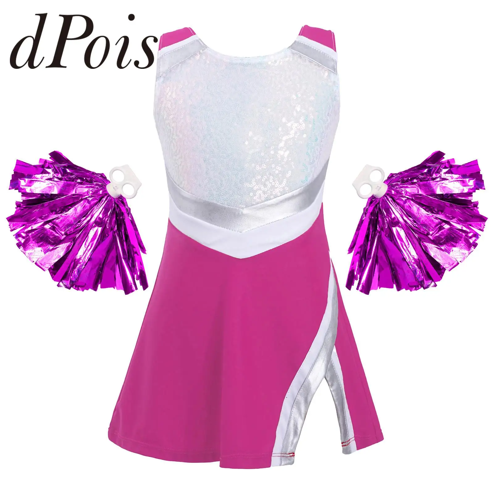 Kids Girls Cosplay Cheerleader Costumes Cheerleading Uniforms Sports Dress + Flower Ball Set for Dancing Competition Dancewear