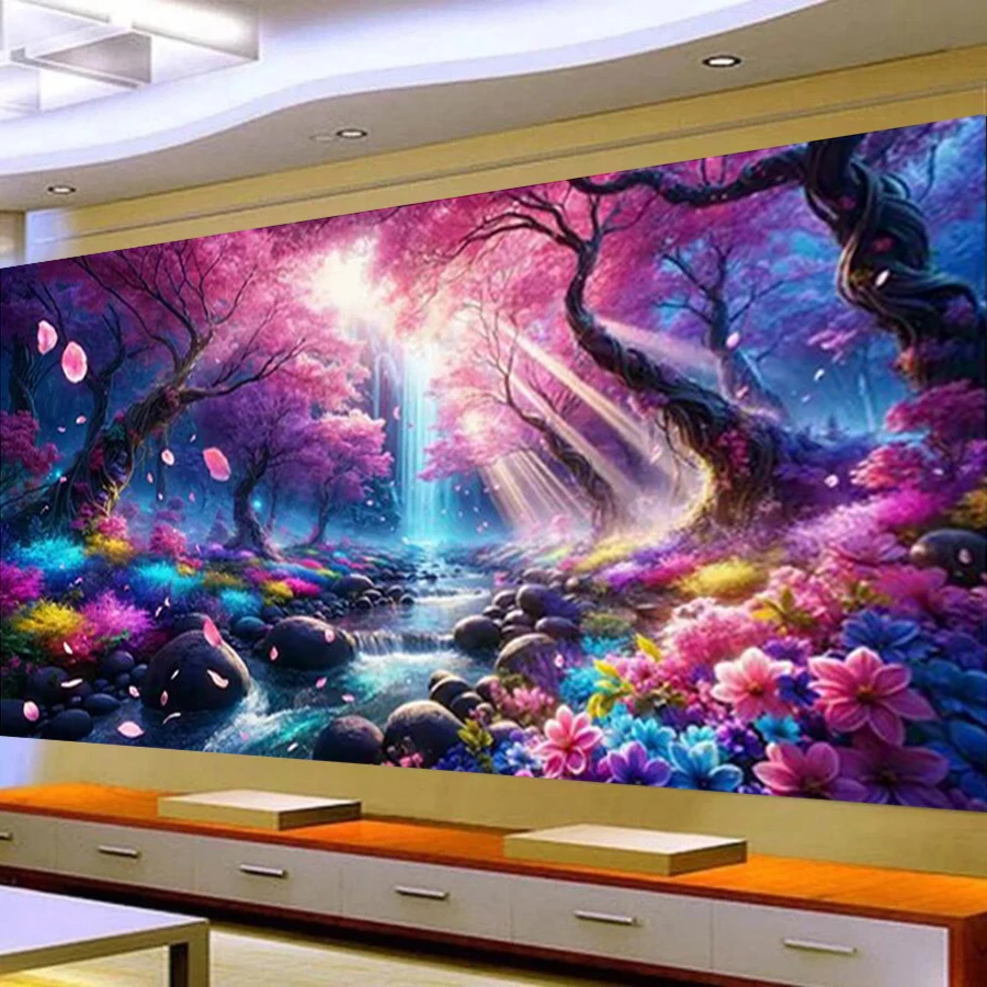 Fullcang Large Size Diamond Painting Kits Pink Forest Creek Diy Full Square Round Mosaic Embroidery Landscape Picture Wall Decor