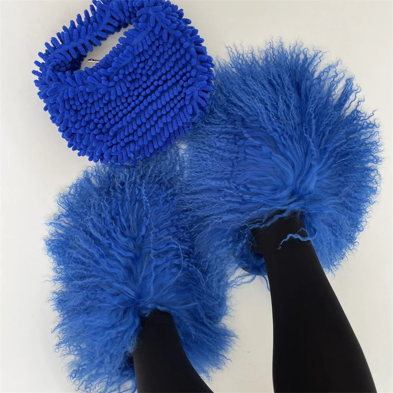 Popular Winter Mongolian Fur Slippers Lady Fur Purse Set Round Toe Fur Slides Woman Shoes Women Fur Bag with Shoes