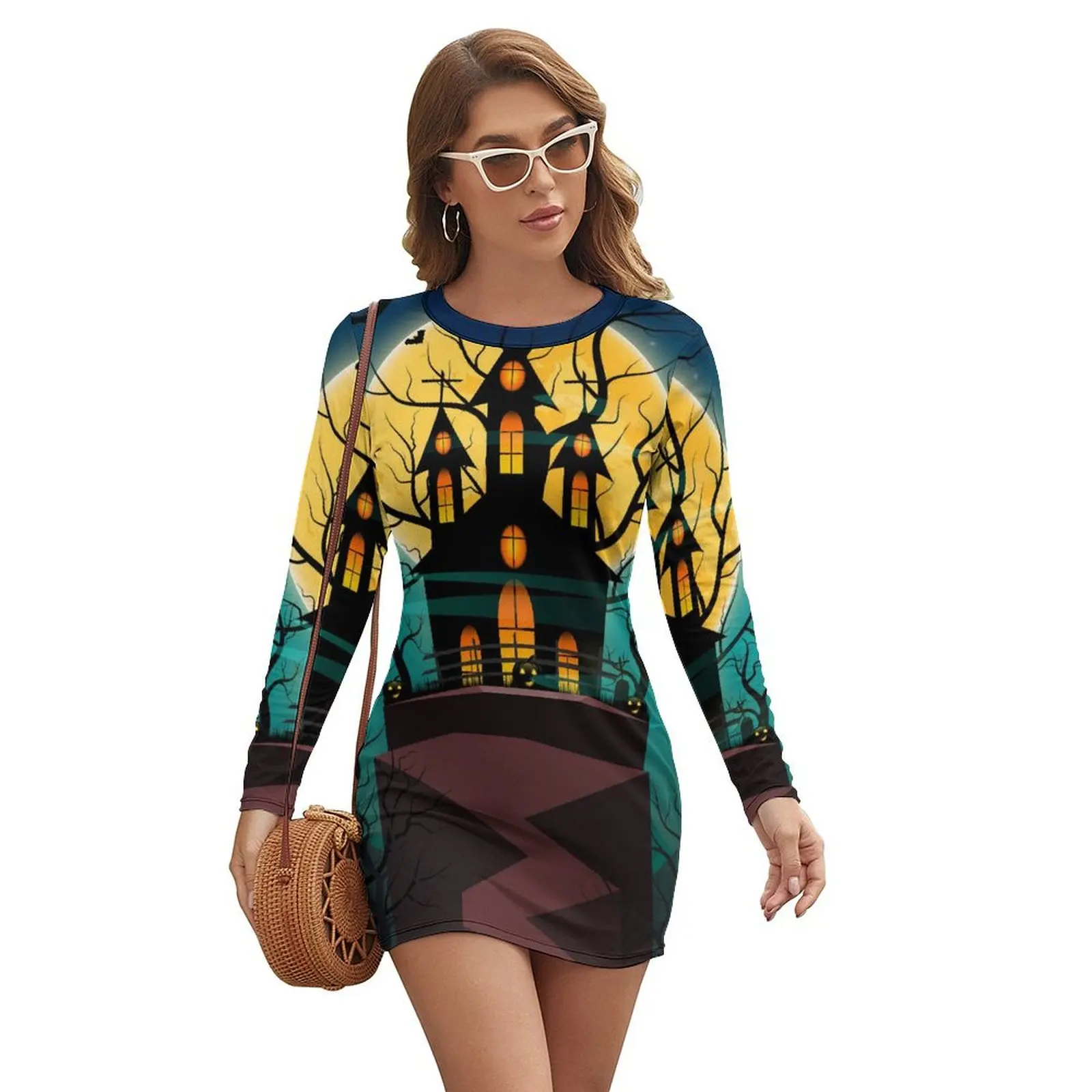 Halloween Night Haunted Mansion Dress Long Sleeve Pumpkin Haunted House Cute Dresses Spring Women Aesthetic Custom Bodycon Dress