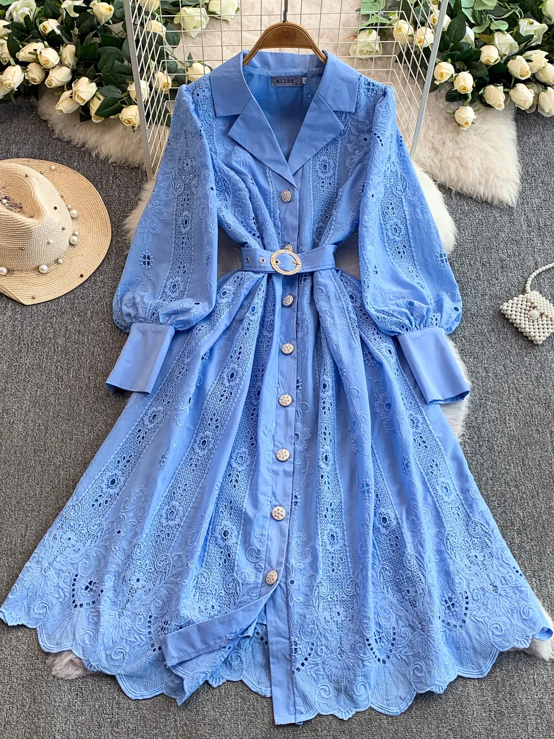 Traje retro con bordado hueco y peso pesado, cuello Dr, Otoño Invierno para mujer, cintura con un solo botón, adelgazante, hasta la rodilla...