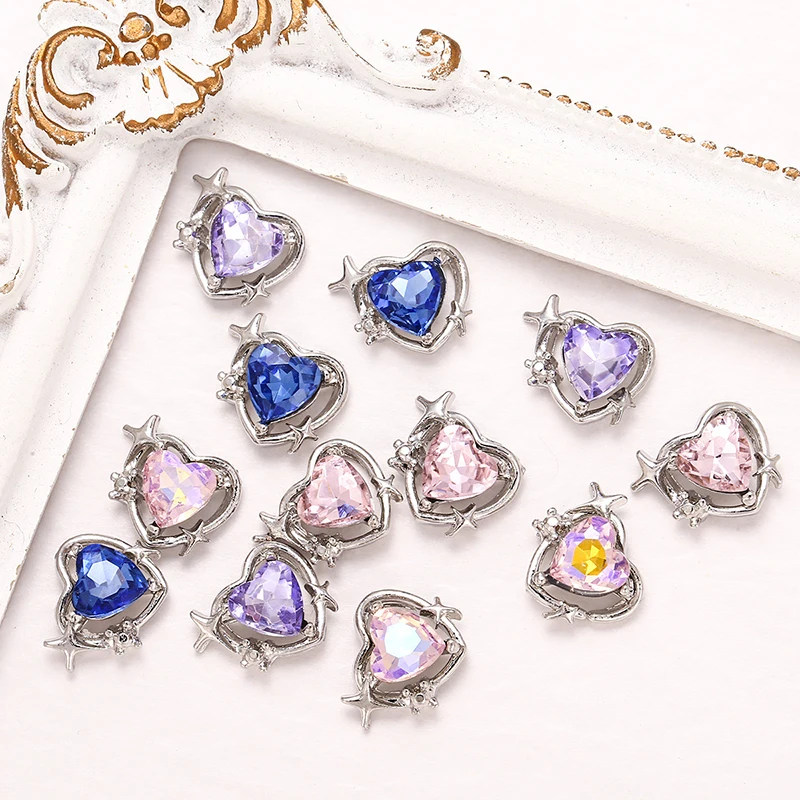 5pcs Luxury Alloy ZIrcon Nail Art Charms 3D Heart Colorful Crystal Rhinestones Nail Decorations DIY Gems Manicure Accessories
