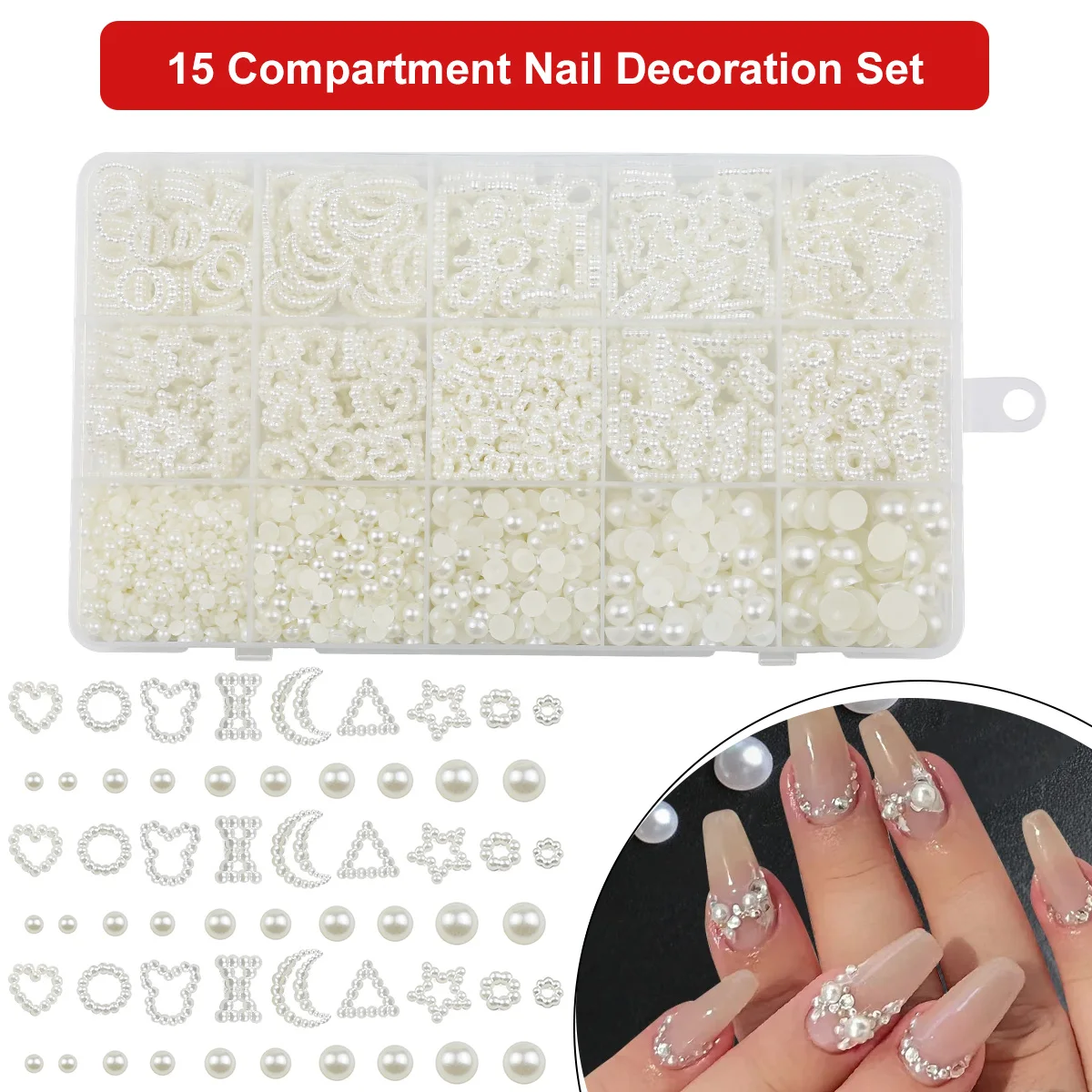 2100pcs Acrylic Nail Art Decoration Set - 15 Compartments Mixed Beads Assortment Kit For DIY Crafts Jewelry Making Accessories