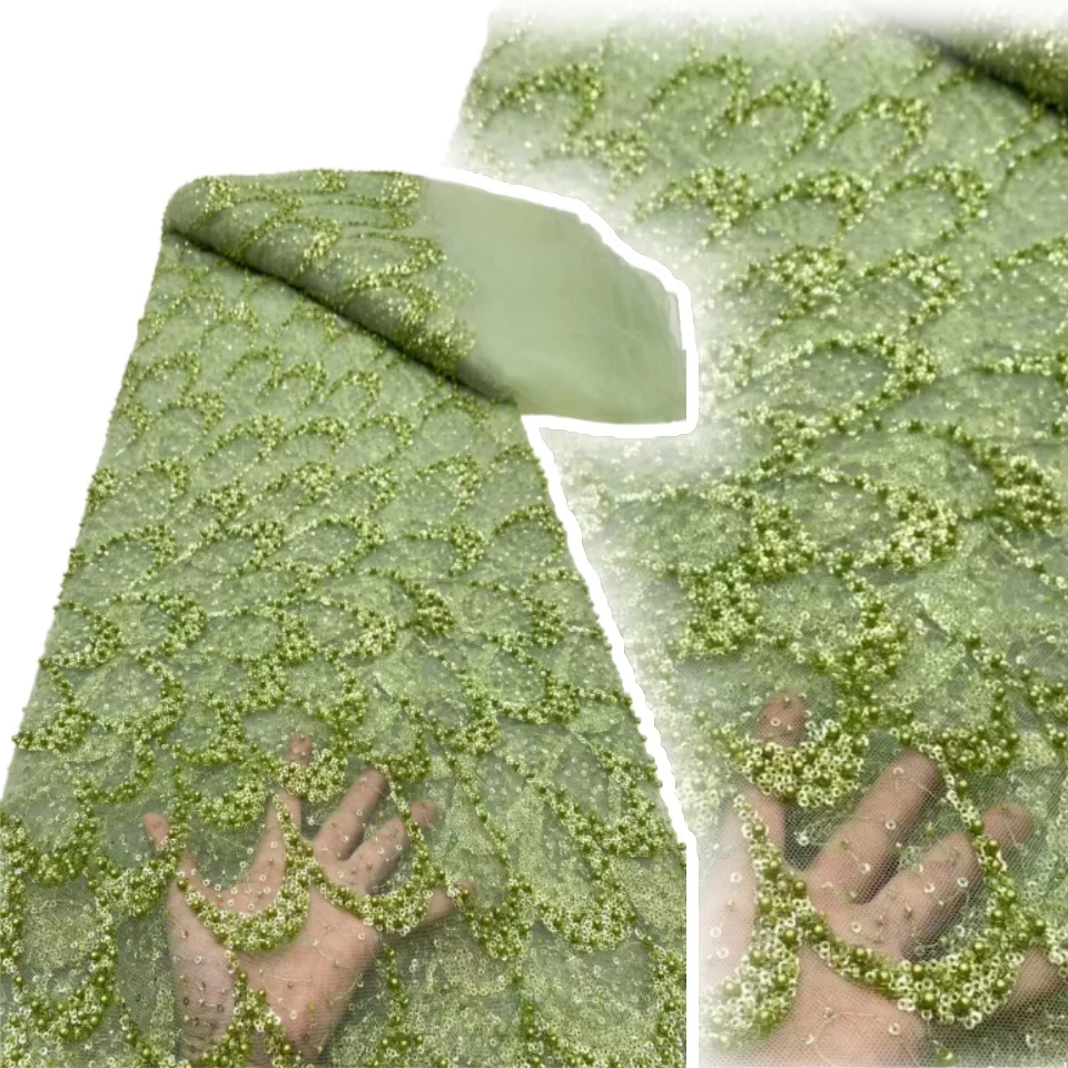 

2025 Handmade Beaded Lace Fabric France Sequins Embroidery 3D Beads Nigerian Bridal Mesh Lace Fabric for Sewing TP1175