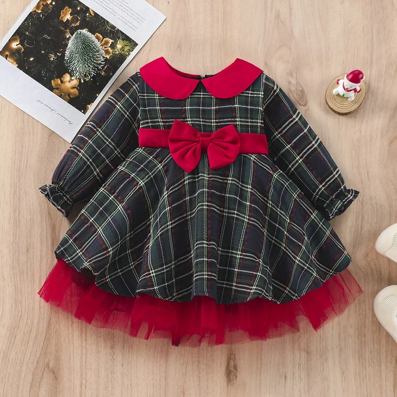 Baby Girl Princess Plaid Tutu Dress Bow Christmas Child Vestido Long Sleeve Xmas Party Carnival Costume Baby Clothes 1-7Y