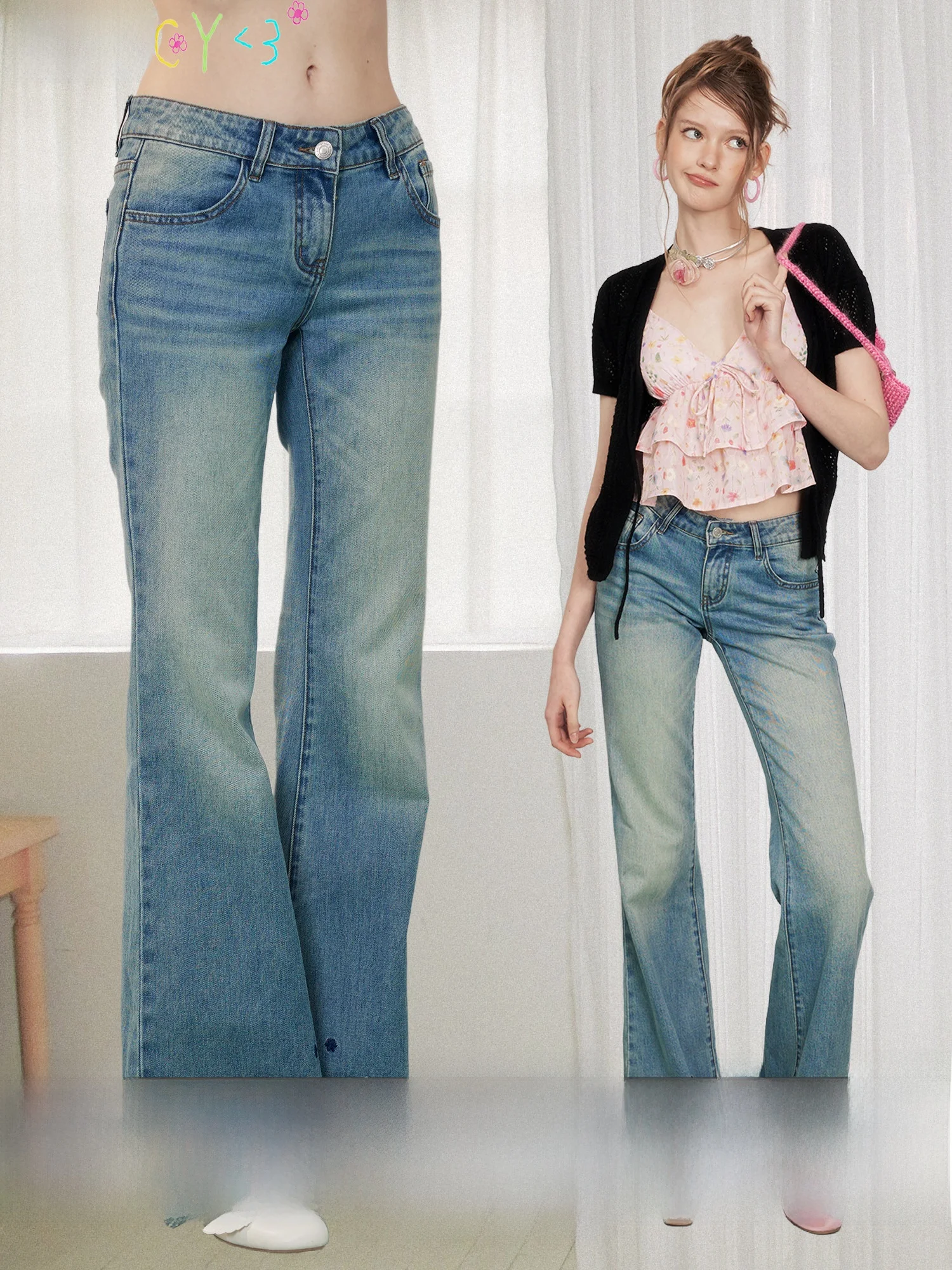 

NECY Original Floral Embroidery Low Waist Bell Bottom Jeans Women's Summer New Style Draping Pants Sweet Cool Long Trousers