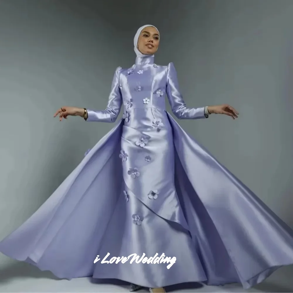

Purple High Neck Evening Dresses 2025 Satin Long Sleeve Saudi Arabia Mermaid Flower Pleated Floor-Length Party Dress Customized