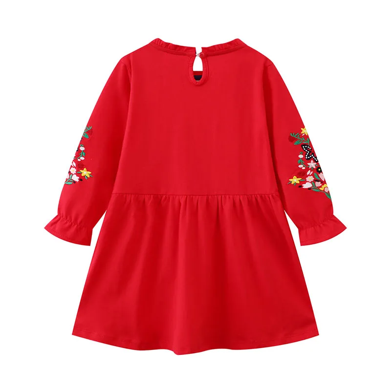 Little maven Long Sleeves Flower Embroidery Dress Baby Girls Spring Clothes Cotton for Kids Chinses Red New Years Dresses