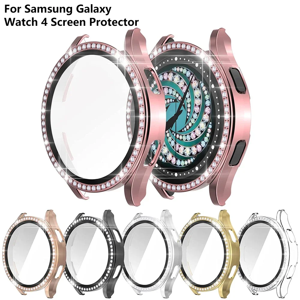 Glass+Case for Samsung Galaxy Watch 4 5 Screen Protector 44mm 40mm, Bling Crystal Protective Bumper Cover with Film for Women