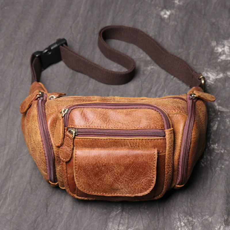 High Quality Natural Cowskin Simple Vintage Chest Bag Genuine Leather Men's Shoulder Messenger Belt Casual Waist Packs