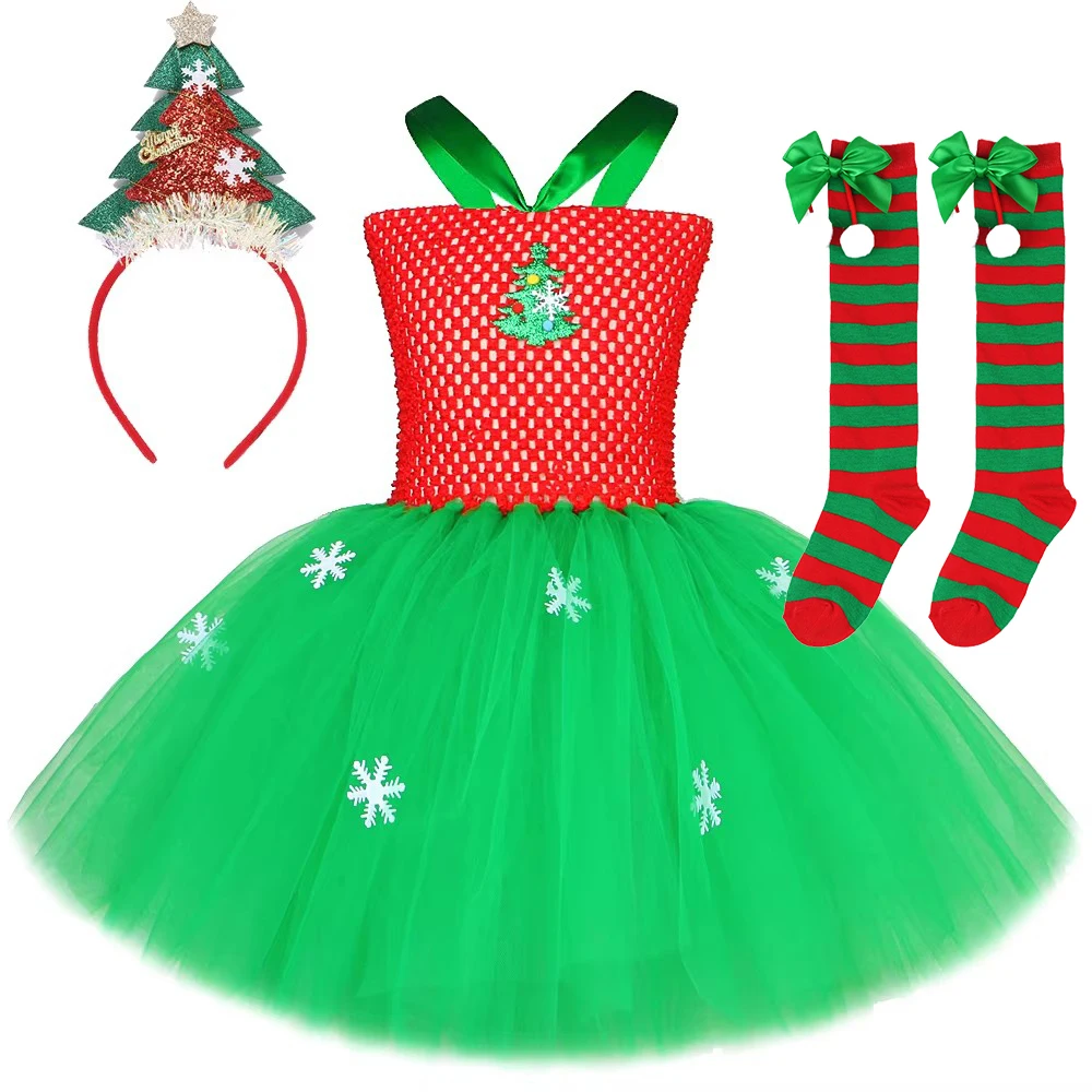 Red Green Christmas Tree Tutu Dress for Girls Xmas Carnival Costumes for Kids New Years Holiday Outfit with Hairbow Stocking