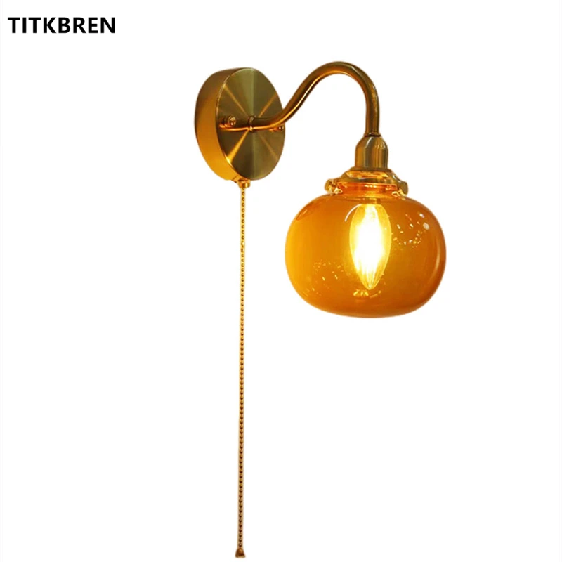 Japan Style Retro Bend The Arm Glass Wall Lamp With Pull Switch Bedroom Bedside Reading Lighting E14 LED Small Night Light