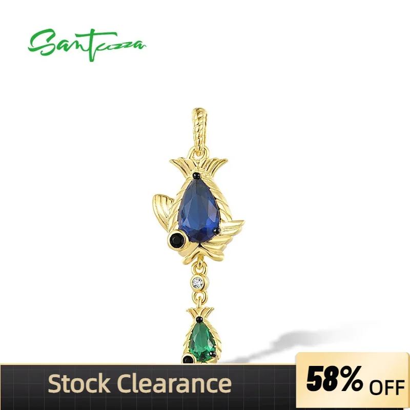 SANTUZZA Pure 925 Sterling Silver Pendant for Women Sparkling Blue Green Stones White CZ Fish Pendant Delicate Cute Fine Jewelry