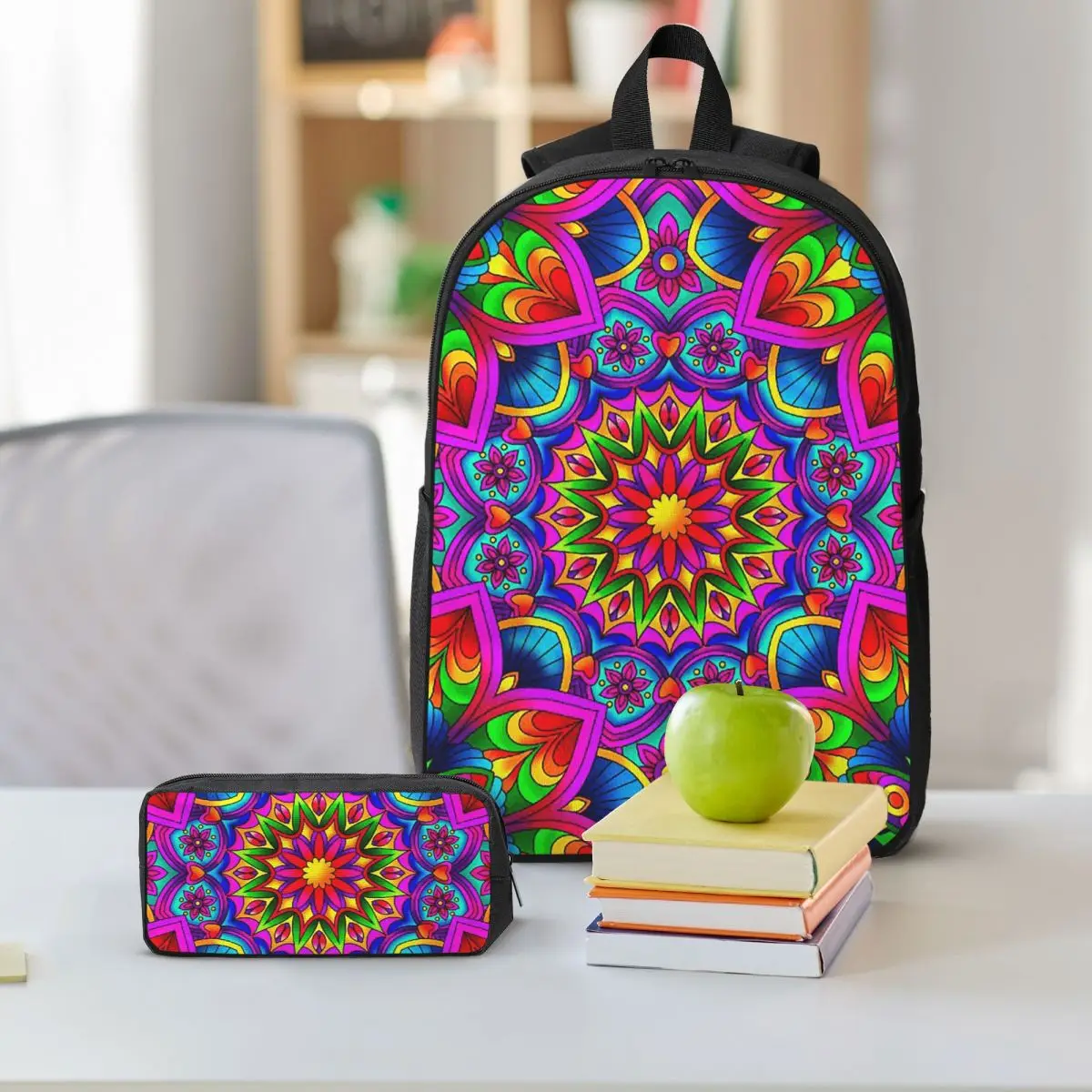 Psychedelic Summer Color Mandala Print Backpack Boys Girls BookBag School Bag Shoulder Bags 3ps Insulated Lunch Bag Pencil Case