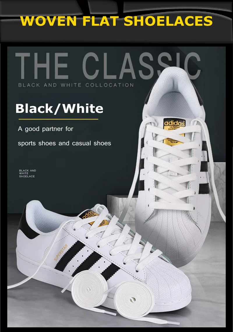 Klassische schwarz/weiße Schnürsenkel, flache, doppellagige Spitze, präzise gewebt, verschleißfest, korrosionsbeständig, Polyester-Schnürsenkel für alle Schuhe – Detail 1