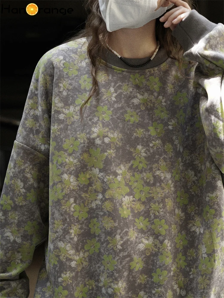HanOrange 2025 Early Autumn Fashion Large Edition Shoulder Drop Floral Sweatshirt Women Delicate Smooth Top Apricot/Gray